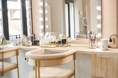 Print op canvas Dressing room interior with makeup mirror and table
