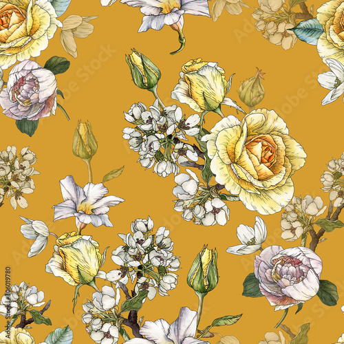 Wallpaper Mural Floral seamless pattern with watercolor roses, cherry blossom and peonies. Torontodigital.ca