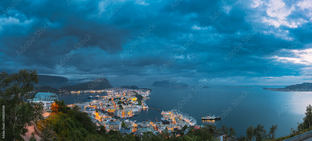 Alesund, Norway. Night View Of Alesund Skyline Cityscape. Historical Center In Summer Evening. Famous Norwegian Landmark And Popular Destination. Alesund, Kiven Viewpoint, Mt. Panorama, Panoramic View