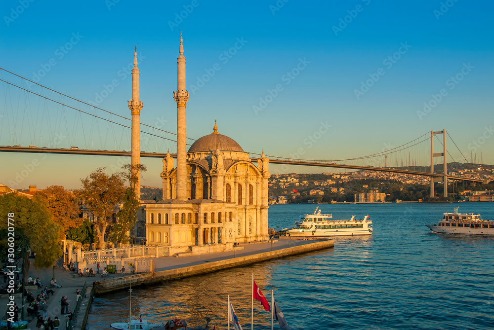 Istanbul, Turkey, 17 October 2007: Ortakoy Mosque, Bosphorus Bridge and Ships, Ortakoy, Besiktas.