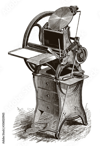 Historical foot-treadle platen printing press after an engraving from the 19th century