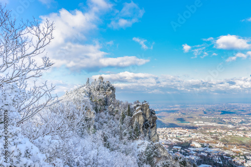 View of the first tower of San Marino with snow.