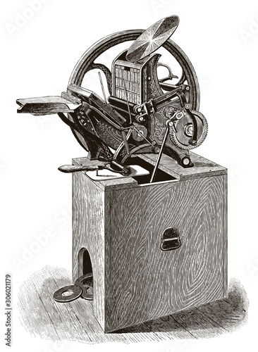 Historical foot-treadle platen printing press on wood stand after an engraving from the 19th century