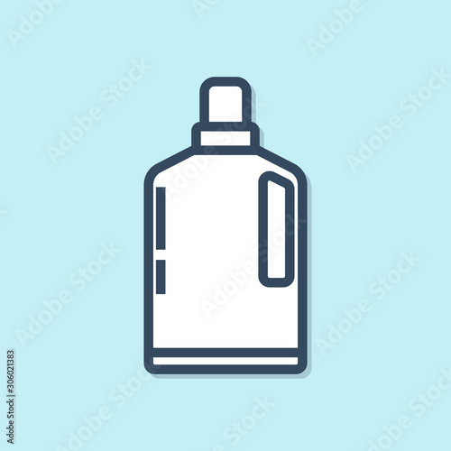 Blue line Plastic bottle for liquid laundry detergent, bleach, dishwashing liquid or another cleaning agent icon isolated on blue background. Vector Illustration