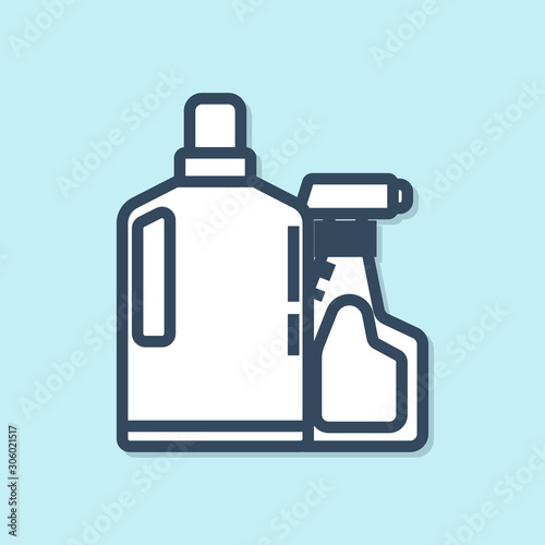 Blue line Plastic bottles for liquid laundry detergent, bleach, dishwashing liquid or another cleaning agent icon isolated on blue background. Vector Illustration