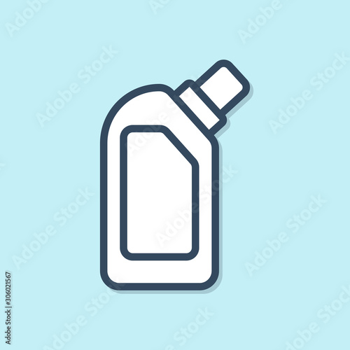 Blue line Plastic bottle for liquid laundry detergent, bleach, dishwashing liquid or another cleaning agent icon isolated on blue background. Vector Illustration