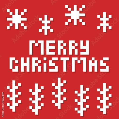 Christmas hipster poster for party or greeting card. Pixel art merry christmas Vector illustration. Pixel santa claus red hat