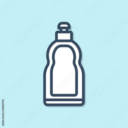 Blue line Plastic bottle for liquid laundry detergent, bleach, dishwashing liquid or another cleaning agent icon isolated on blue background. Vector Illustration