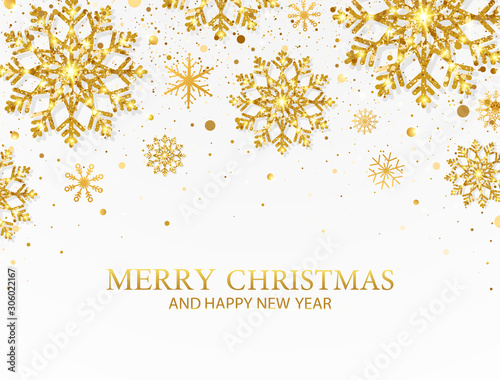 Glitter gold snowflakes and falling particles on white background. Merry Christmas and Happy New Year banner. Luxury festive greeting card. Sparkling golden snowflakes. Vector Illustration