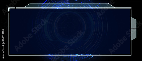 Control panel or HUD interface. Vector illustration. Dark spaceship interior with large window view Concept and screen design, technology and science circuits