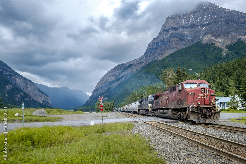 Freight train in the Rocky Mountains