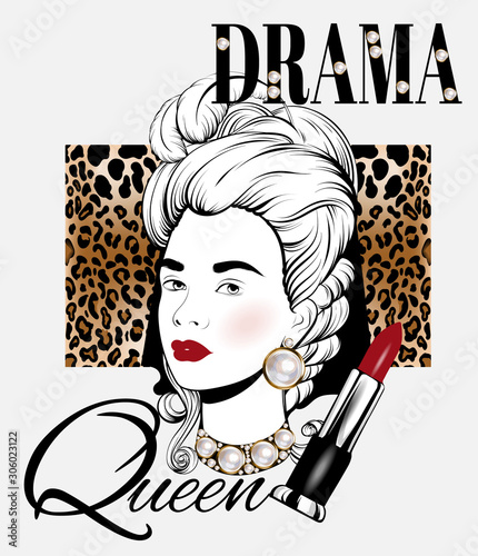 Drama queen. Vector hand drawn illustration of girl in wig with pomade isolated. Creative  artwork with pearls and leopard print. Template forprint for t-shirt, pin, badge, patch.