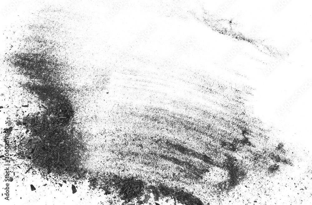 Obraz premium Black charcoal dust explosion, gunpowder isolated on white background and texture, top view