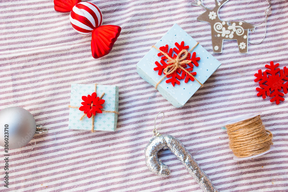 Top view christmas flat lay with gift boxes. Handmade wrapping. Top view christmas flat lay with gift boxes. Handmade wrapping.