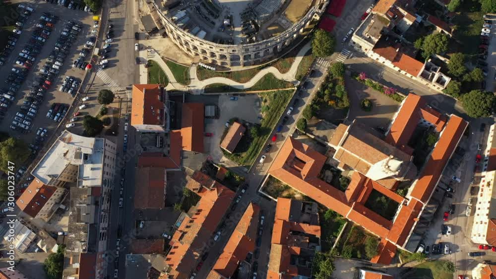 4K. Aerial top view of Roman amphitheatre in Pula. Istria, Croatia, Europe. 4K. Aerial top view of Roman amphitheatre in Pula. Istria, Croatia, Europe.