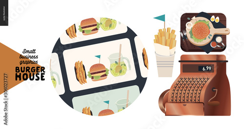 Burger house -small business graphics - gift cards icon -modern flat vector concept illustrations -web icon of gift cards, vintage copper cash register, burger lunch on the wooden desk, french fries