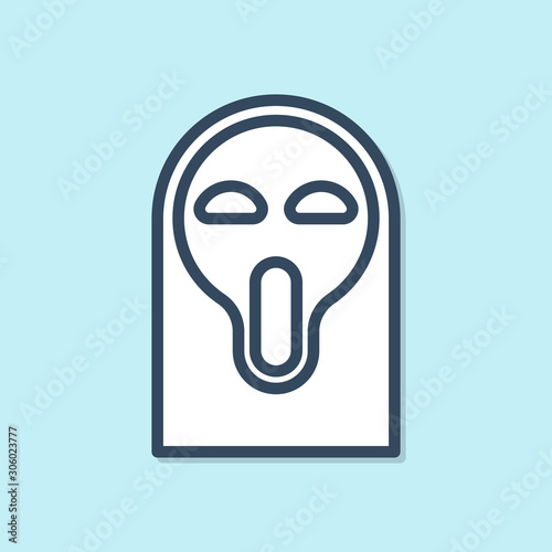 Blue line Funny and scary ghost mask for Halloween icon isolated on blue background. Happy Halloween party. Vector Illustration