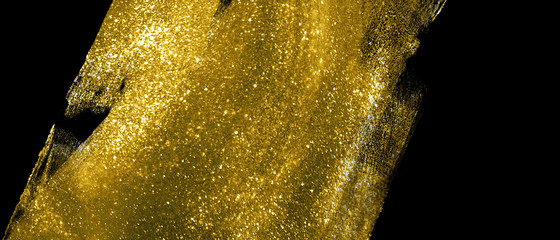 Banner with abstract gold shimmer brush strokes on black background. Hand drawn painted modern glittering shape. Trendy open composition. Copy space.