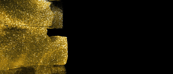 Banner with abstract gold shimmer brush strokes on black background. Hand drawn painted modern glittering shape. Trendy open composition. Copy space.