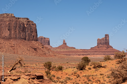 Monument Valley region of the Colorado Plateau with vast sandstone buttes on the Arizona–Utah border, in a Navajo Nation Reservation. USA