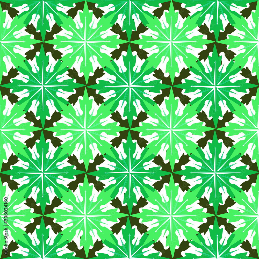Fototapeta premium Seamless geometric winter pattern with big dark green and light green snowflakes on a white background