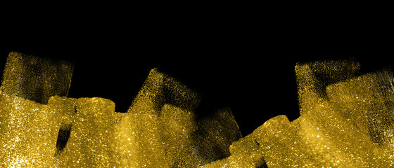Banner with abstract gold shimmer brush strokes on black background. Hand drawn painted modern glittering shape. Trendy open composition. Copy space.