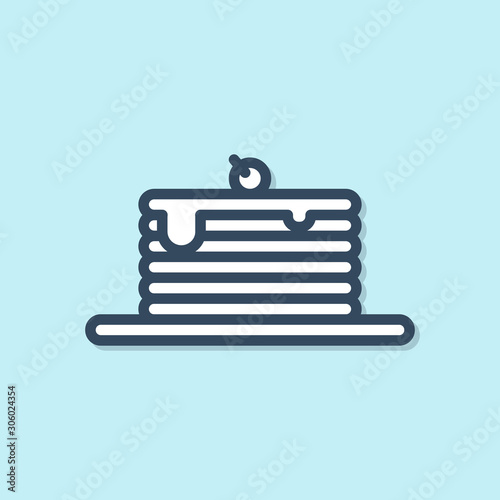 Blue line Stack of pancakes icon isolated on blue background. Baking with syrup and cherry. Breakfast concept. Vector Illustration