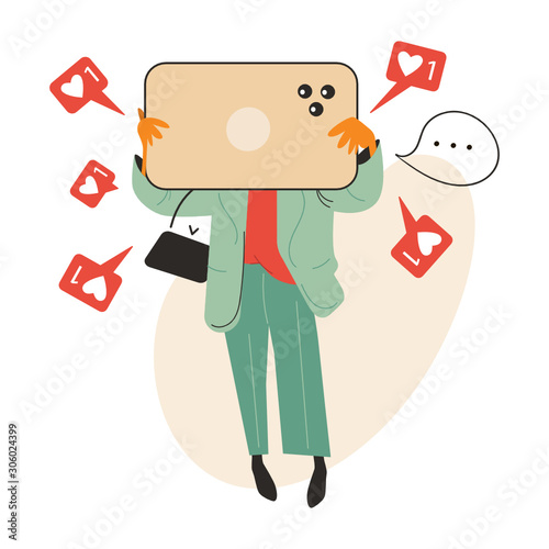 Blogger making video for blog or vlog review. Influencer. Cute girl video blogger and camera. Vector flat illustration.