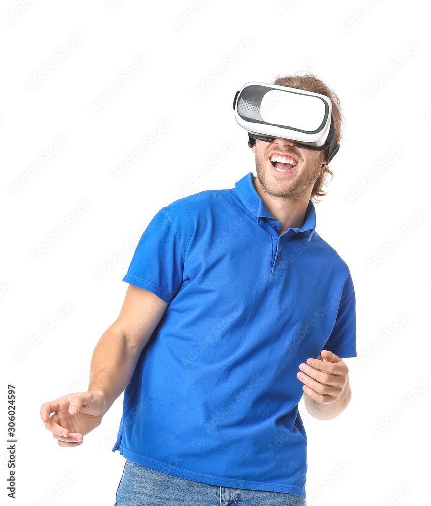 Young man with VR glasses on white background Young man with VR glasses on white background