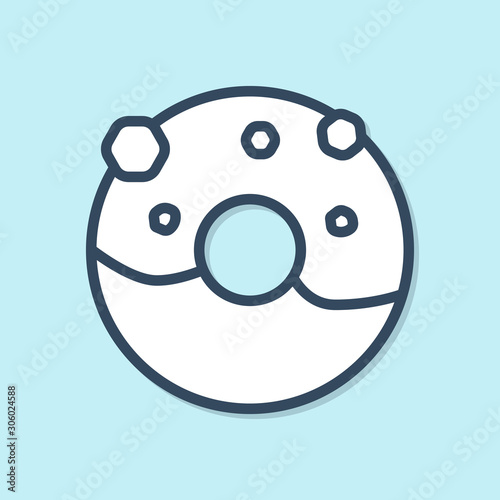 Blue line Donut with sweet glaze icon isolated on blue background. Vector Illustration