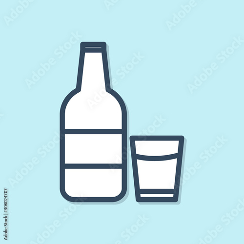 Blue line Closed glass bottle with milk and glass icon isolated on blue background. Vector Illustration