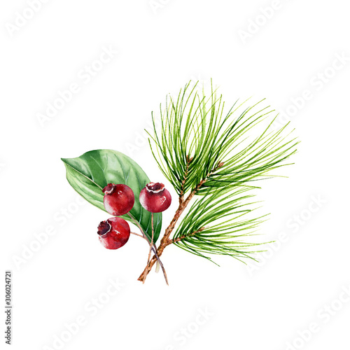 Christmas bouquet with green pine branch, leaf and red berries isolated on white background. Watercolor illustration for celebration of New Year, greeting cards, banners, invitations, calendars.
