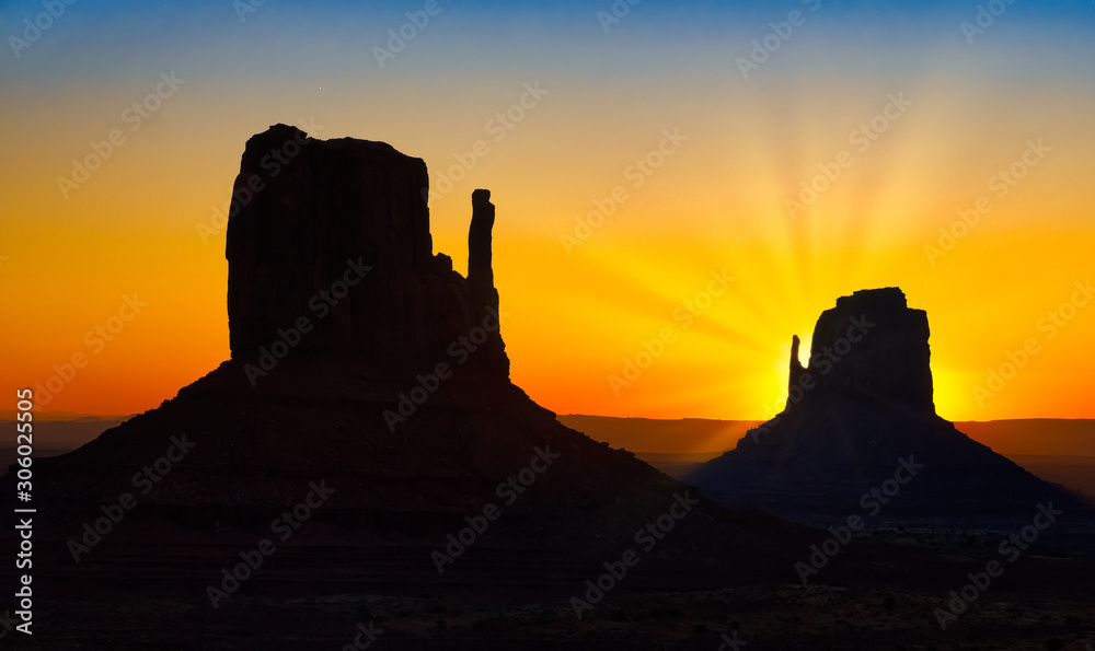 Monument Valley region of the Colorado Plateau with vast sandstone buttes on the Arizona–Utah border, in a Navajo Nation Reservation. USA