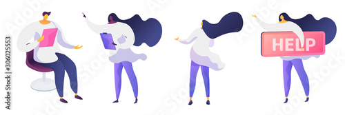 Health care service flat vector illustrations set. Professional doctors, hospital staff cartoon characters. Man in white coat with assistant. Woman holding big help button. Healthcare industry