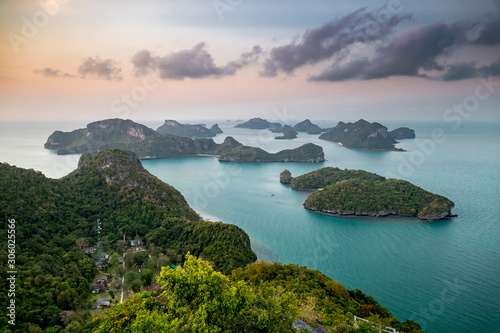 Sunrise Bottle Beach on Phangan Island Thailand Nature Coastline. Asian Exotic Tourist Seashore City, Jungle Forest and Climbs. Wonderful View from Hill on Sea. Bright Panoramic Photography © Goinyk