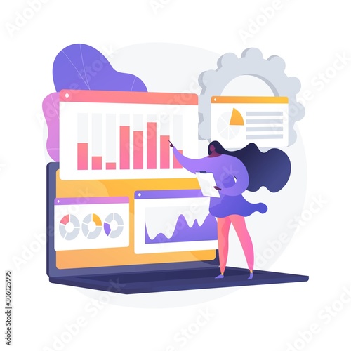 Social media data center. SMM stats, digital marketing research, market trends analysis. Female expert studying online survey results. Vector isolated concept metaphor illustration