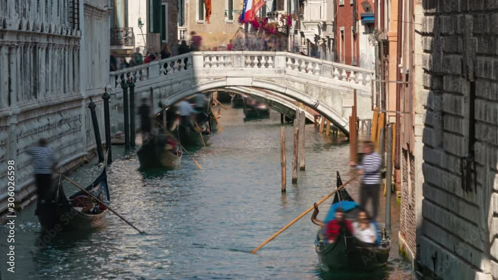Hyper lapse shot of Gondolas floating on canal under of the Bridge of Sighs (Ponte dei Sospiri), Venice, Italy