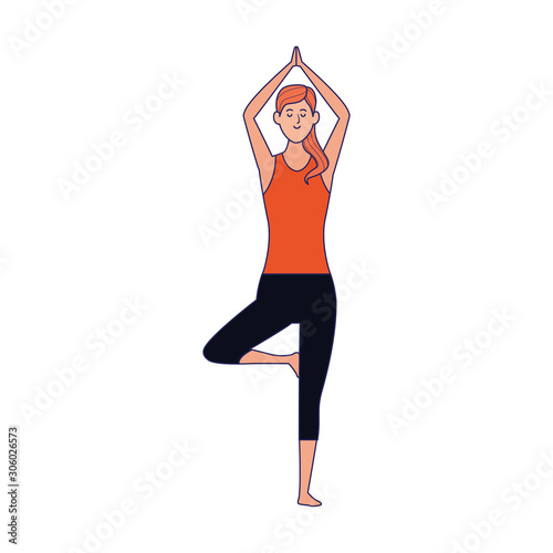 cartoon woman doing yoga tree pose icon, flat design