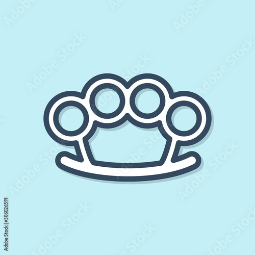 Blue line Brass knuckles icon isolated on blue background. Vector Illustration