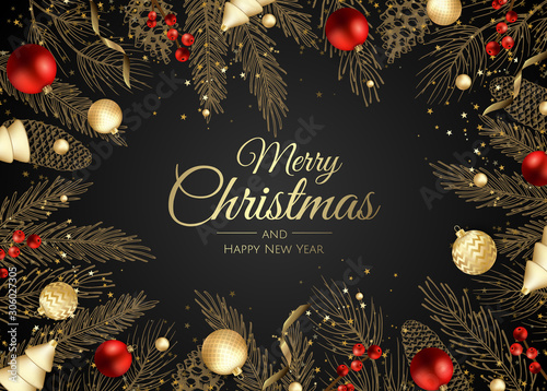 Merry Christmas and Happy New Year. Xmas background with gift box, Snowflakes and balls design.