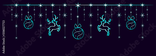 Christmas blue garland with deers. Winter holiday ornament with decoration elements.