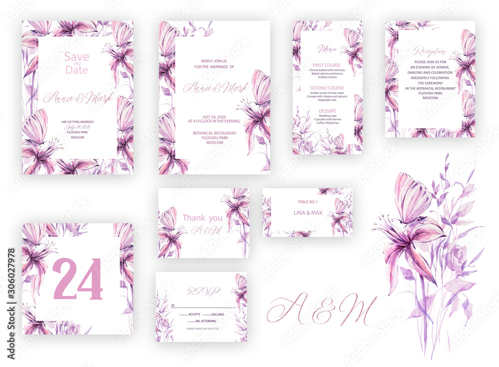 Botanical wedding invitation card template design, pink rose flowers and leaves on pink background, vintage style. Wedding invitation templates. Banners decoration, romantic watercolor objects