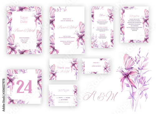 Botanical wedding invitation card template design, pink rose flowers and leaves on pink background, vintage style. Wedding invitation templates. Banners decoration, romantic watercolor objects