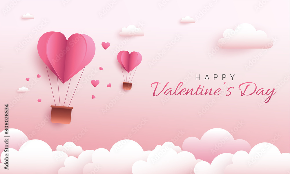 Happy Valentine's Day greeting card design. Holiday banner with hot air heart balloon. Paper art and digital craft style illustration