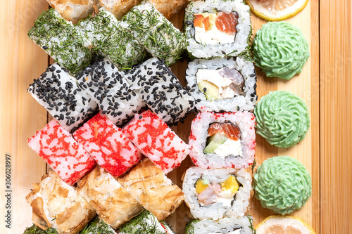 A big set of different rolls, with different fillings. Close-up.