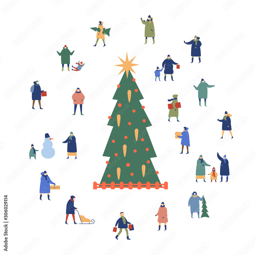 Christmas picture with people preparing for the holiday. Happy winter holidays. Design element for new year cards, banners, posters. Xmas layout creative banner. Vector seasonal illustration.