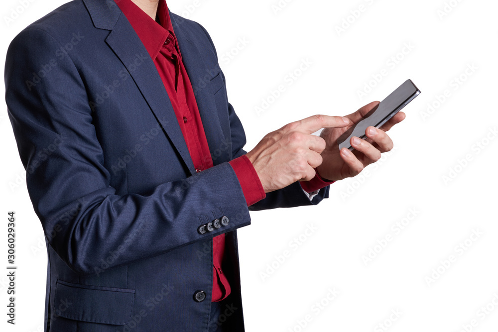 male person using smartphone. businessman taping message on phone. isolated on white background. male person using smartphone. businessman taping message on phone. isolated on white background.