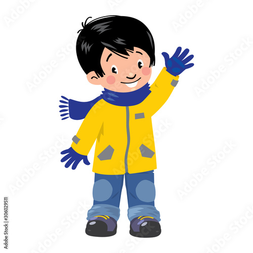 Funny little asian boy in winter clothes. Children