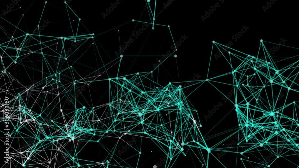 white and turquoise particles connecting slowly fly against a black background. 3d render animation white and turquoise particles connecting slowly fly against a black background. 3d render animation
