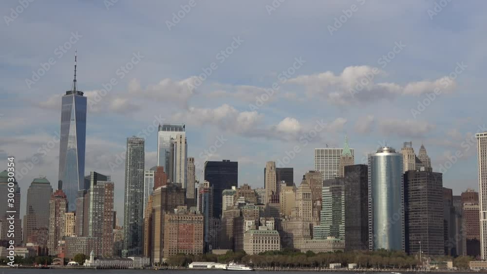 4K. Skyline of lower Manhattan seen from the river. Skyline close up to the Manhattan skyline, New York. Of the most tourist cities. United States of America. Travel concepts. 4K. Skyline of lower Manhattan seen from the river. Skyline close up to the Manhattan skyline, New York. Of the most tourist cities. United States of America. Travel concepts.